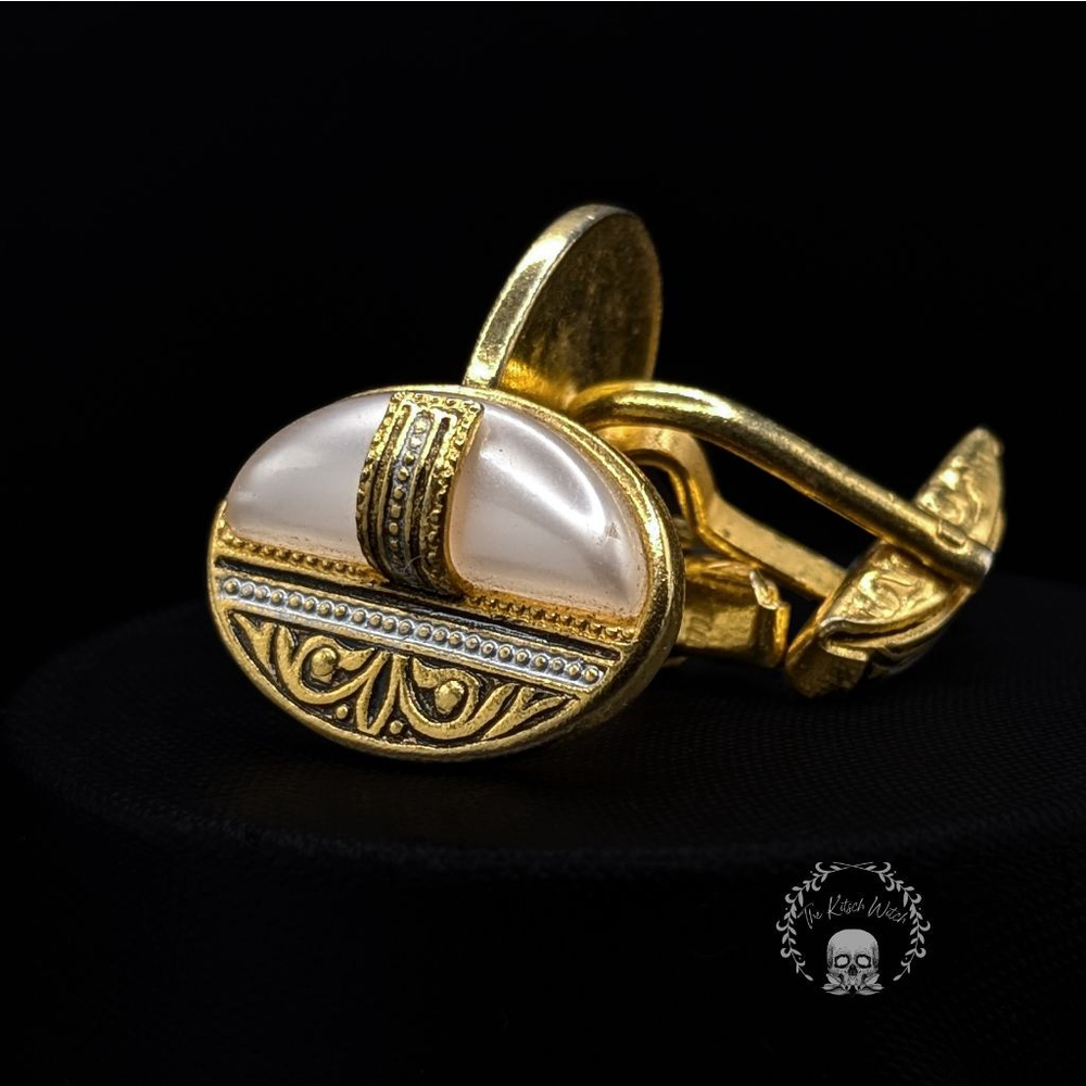 Vintage Gold Filled Damascene Cufflinks, Faux Pearl Spanish